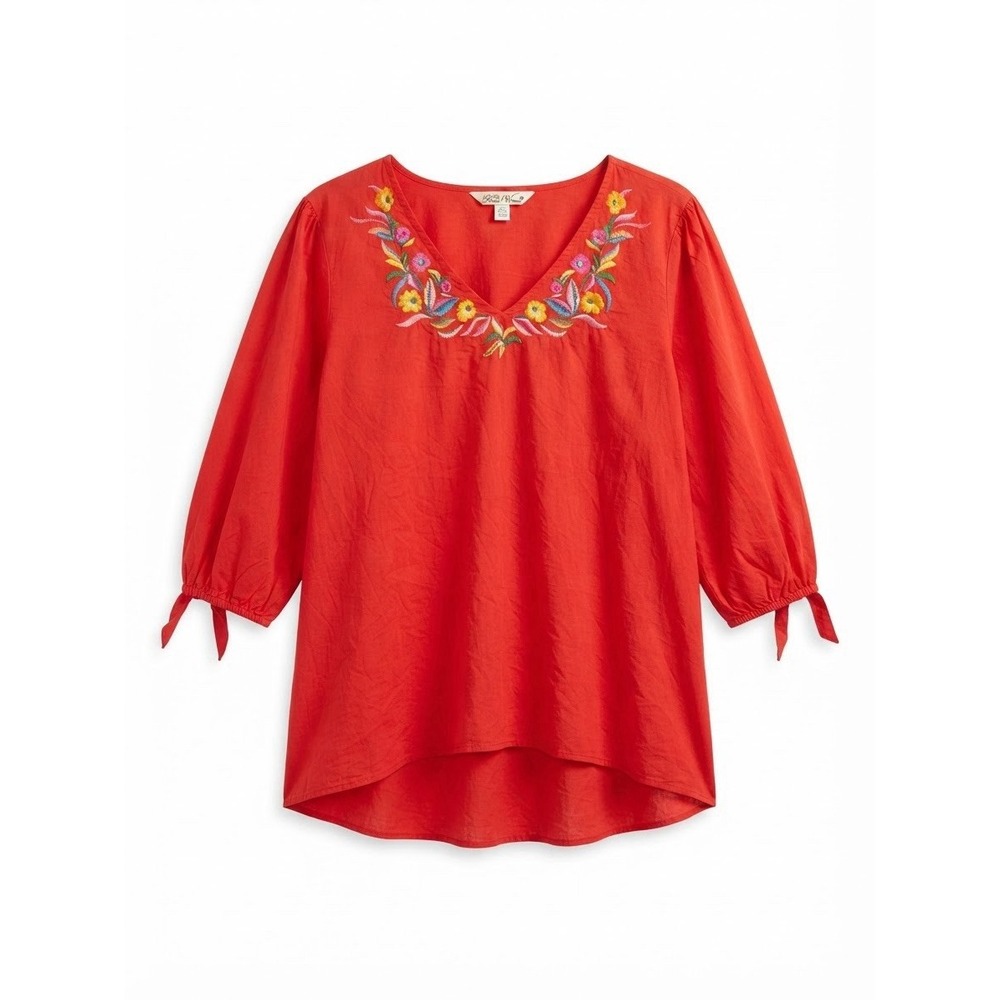 Pioneer Woman 2X Top Floral Embroidery Cotton Red 3/4 Sleeve Red